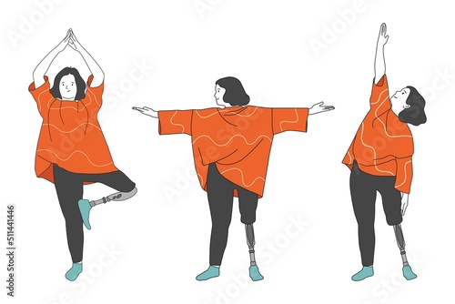 Disabled Girl doing Yoga. Set of Yoga exercises. Concept of Diversity and equality. People with Disabilities, Prosthesis, amputation, Inclusion. Hand drawn in thin Line style, vector illustration.