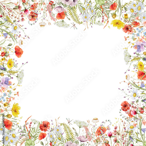 Wild flowers watercolor frame botanical hand drawn illustration