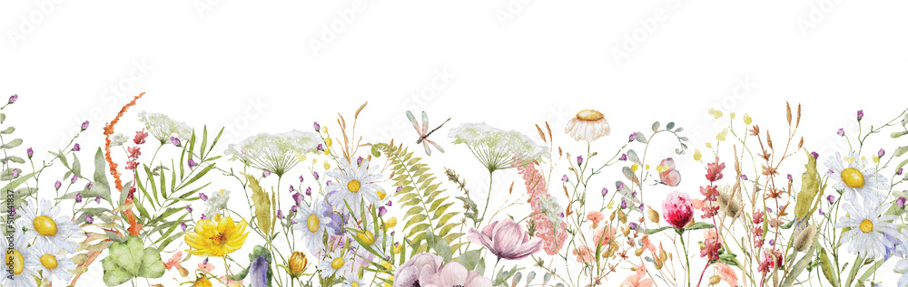 Wild flowers watercolor frame botanical hand drawn illustration - obrazy, fototapety, plakaty 