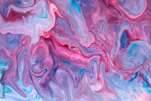 Abstract fluid art background blue, violet, pink color. Liquid marble. Acrylic painting on canvas with gradient. Copy space for text, design art work. Oil painting high resolution texture, backdrop