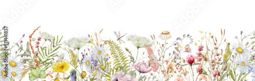 Fotografia Wild flowers watercolor frame botanical hand drawn illustration