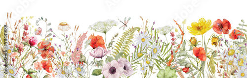 Fotografia, Obraz Wild flowers watercolor frame botanical hand drawn illustration