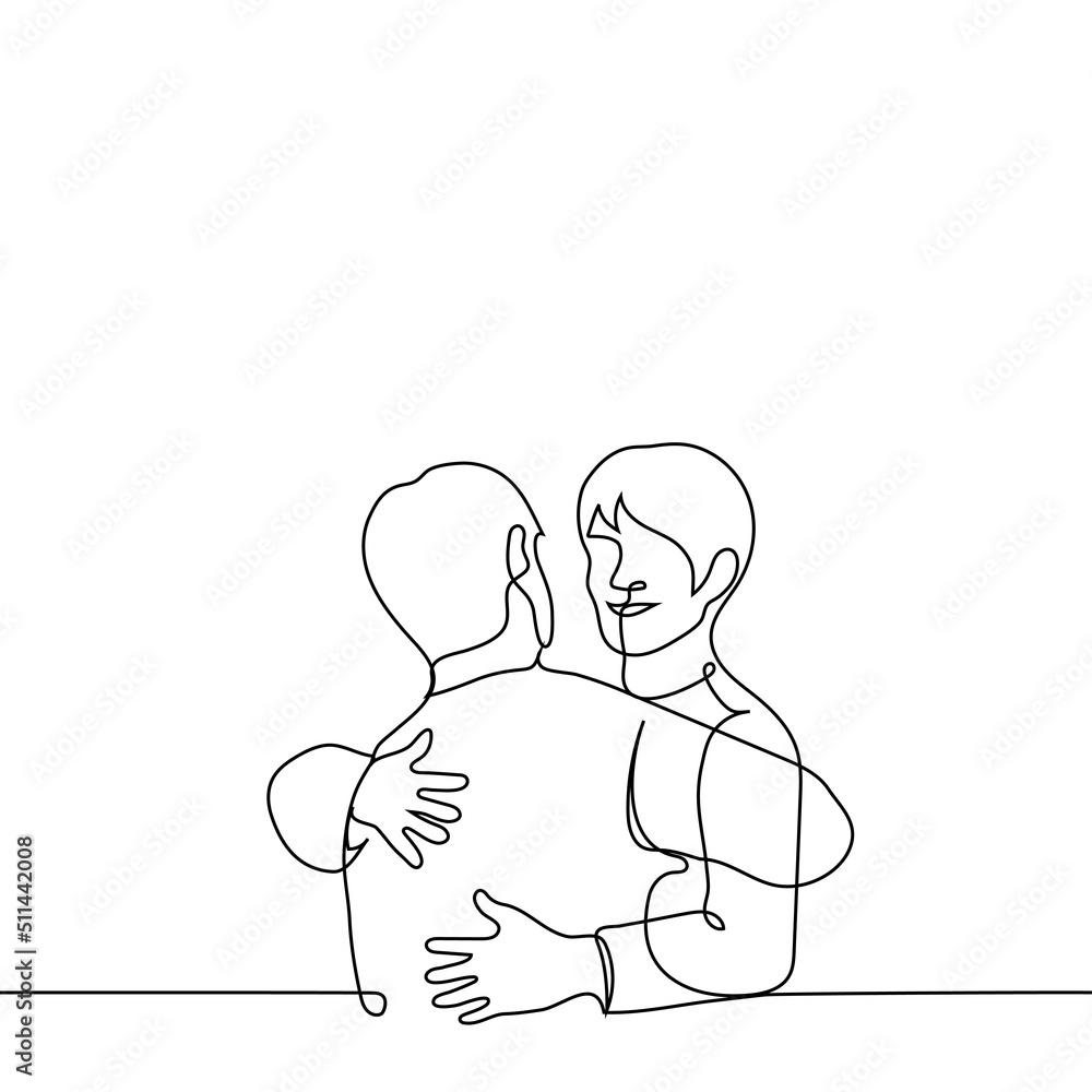 man smiling hugging friend - one line drawing vector. concept pleasant long-awaited meeting, best friend, hug day, intimacy, skinship man smiling hugging friend - one line drawing vector. concept pleasant long-awaited meeting, best friend, hug day, intimacy, skinship