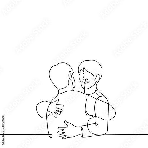 man smiling hugging friend - one line drawing vector. concept pleasant long-awaited meeting, best friend, hug day, intimacy, skinship
