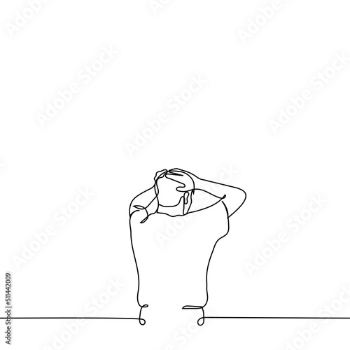 man stands clutching his head - one line drawing vector. concept shock, admiration, surprise, amazed, frightened, dumbfounded
