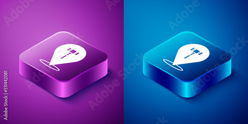 Isometric Auction hammer icon isolated on blue and purple background. Gavel - hammer of judge or auctioneer. Bidding process, deal done. Auction bidding. Square button. Vector