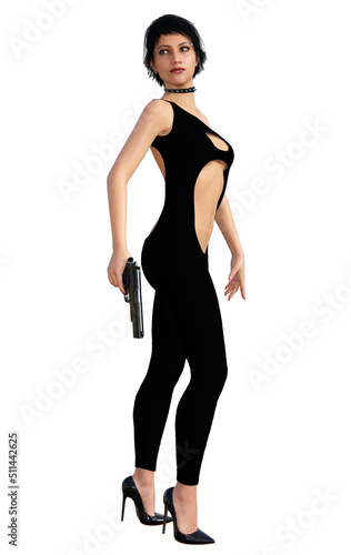attractive woman with gun in black, 3d rendering