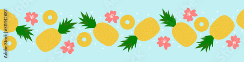 Pineapple seamless border. Cartoon whole fruit, slices and flowers on blue background