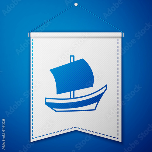 Blue Egyptian ship icon isolated on blue background. Egyptian papyrus boat. White pennant template. Vector