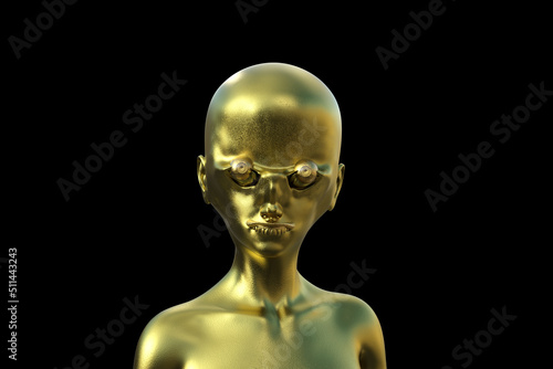 Golden bald alien humanoid on a black background.