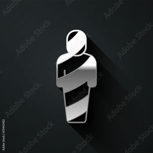 Silver Egypt mummy icon isolated on black background. Long shadow style. Vector