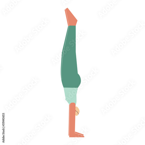 Vector isolated illustration with flat female character. Sportive woman learns Balancing posture Adho Mukha Vrksasana at yoga class. Fitness exercise - Handstand Pose