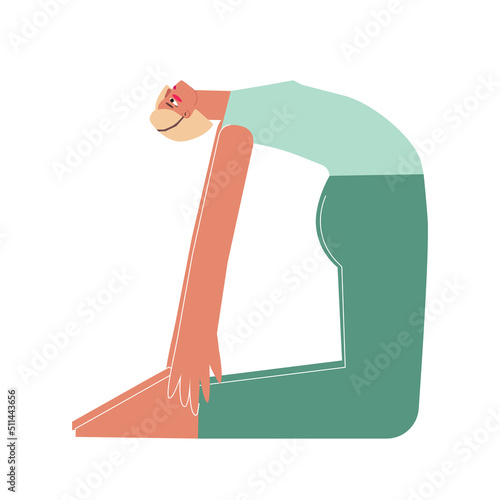 Vector isolated concept with flat female character. Strong woman learns posture with Backbend - Ustrasana at yoga class. Fitness exercise - Camel Pose