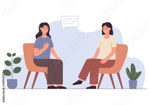 Psychologist consultation. Communication of two women. Friendship and support concept for banner, web page design. Vector illustration