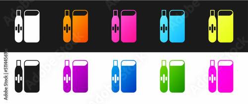 Set Electronic cigarette icon isolated on black and white background. Vape smoking tool. Vaporizer Device. Vector