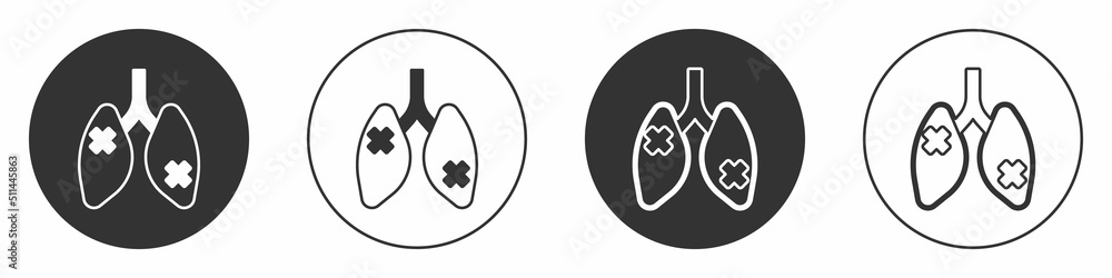 Black Disease lungs icon isolated on white background. Circle button. Vector Black Disease lungs icon isolated on white background. Circle button. Vector
