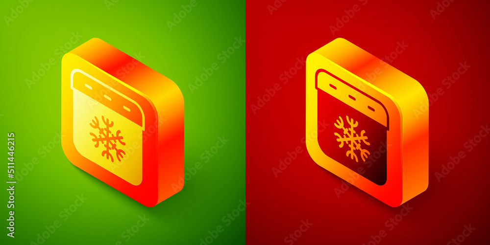 Isometric Calendar winter icon isolated on green and red background. Event reminder symbol. Square button. Vector Isometric Calendar winter icon isolated on green and red background. Event reminder symbol. Square button. Vector