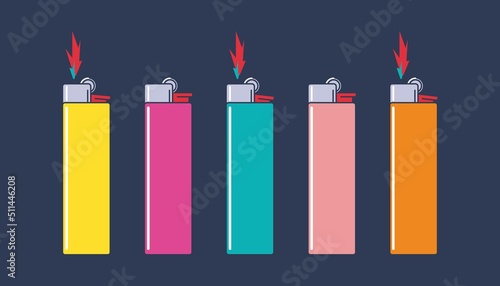A set of simple cheap disposable lighters for design. Colored gas lighters on a dark background. Flat graphic style illustration of mechanical gas ignition.