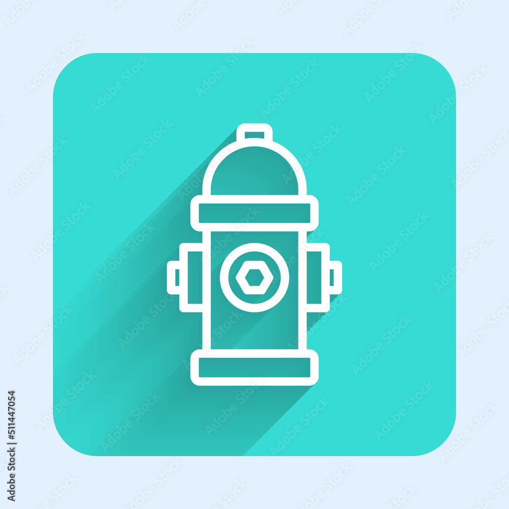 White line Fire hydrant icon isolated with long shadow background. Green square button. Vector