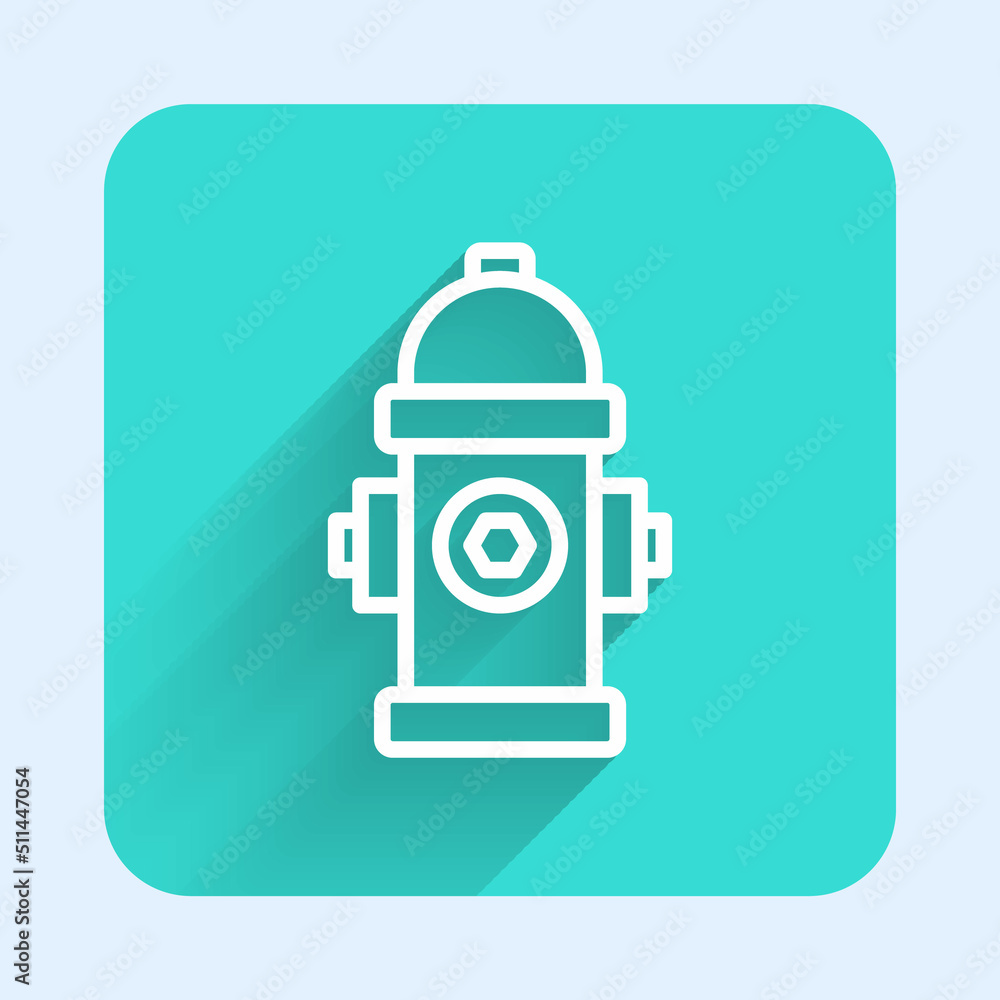 White line Fire hydrant icon isolated with long shadow background. Green square button. Vector White line Fire hydrant icon isolated with long shadow background. Green square button. Vector