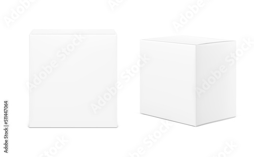 Realistic blank cube boxes mockup. Vector illustration isolated on white background. Can be use for food, medicine, cosmetic and other. Ready for your design. EPS10.	