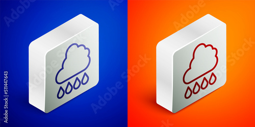 Isometric line Cloud with rain icon isolated on blue and orange background. Rain cloud precipitation with rain drops. Silver square button. Vector