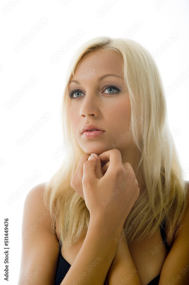 Young Blond Female Model is Looking Away on White Young Blond Female Model is Looking Away on White