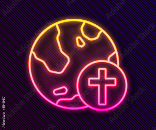 Glowing neon line Christian cross with globe Earth icon isolated on black background. World religion day. Vector