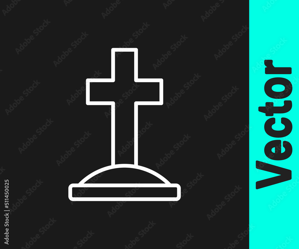 Fototapeta premium White line Grave with cross icon isolated on black background. Vector