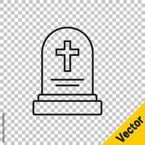 Black line Grave with tombstone icon isolated on transparent background. Vector