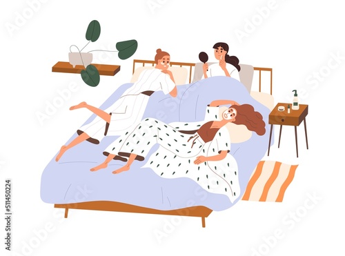 Women friends relaxing in bed on hen party. Girls in pajamas and facial masks in home bedroom, resting together. Girlfriends leisure, sleepover. Flat vector illustration isolated on white background