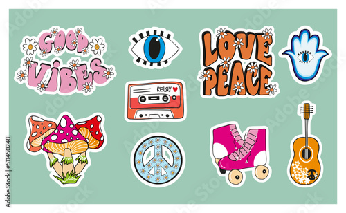 Retro 70s hippie stickers set,  groovy elements. Hand drawn funky mushrooms, flowers, rainbow, rollers, guitar, vintage hippy style element vector set. 