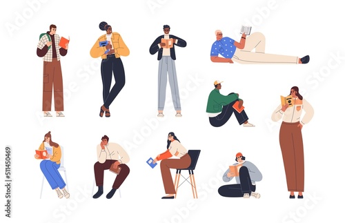 People reading paper books set. Young men and women readers with literature for study and hobby. Happy diverse smart students, literary fans. Flat vector illustrations isolated on white background