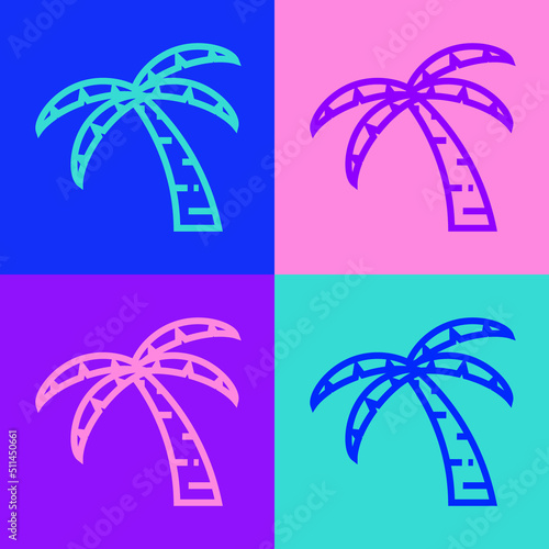 Pop art line Tropical palm tree icon isolated on color background. Coconut palm tree. Vector
