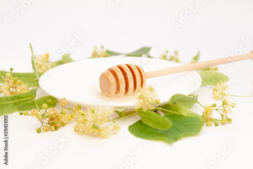 Linden honey and linden flowers on a white background