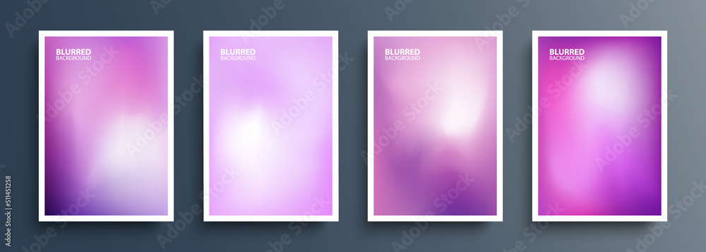 Fototapeta premium Set of purple blurred backgrounds with modern abstract soft violet color gradient patterns. Templates collection for brochures, posters, banners, flyers and cards. Vector illustration.