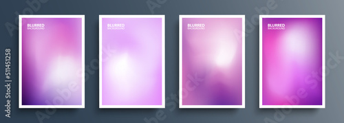 Set of purple blurred backgrounds with modern abstract soft violet color gradient patterns. Templates collection for brochures, posters, banners, flyers and cards. Vector illustration.