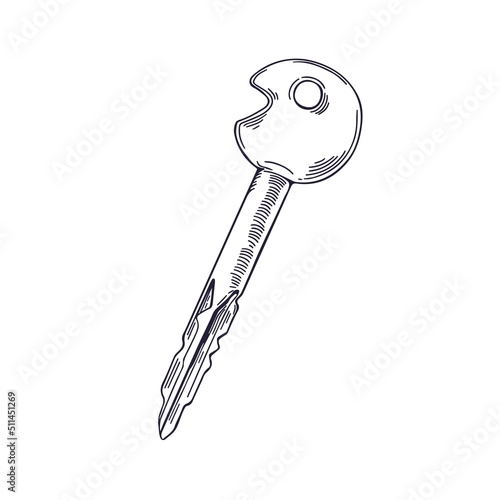 Etched woodcut drawing of long door key drawn in vintage style. Contoured eng...