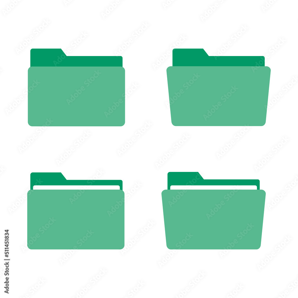 Set of flat green folder icons. Various folder symbols. Suitable for document management application design elements, computer file directories, and office storage folders Set of flat green folder icons. Various folder symbols. Suitable for document management application design elements, computer file directories, and office storage folders