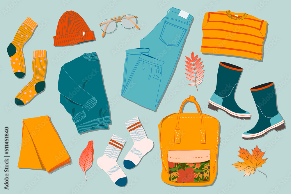 Sweaters, jeans, glasses, socks, rubber boots, leaves and backpack on a table. Trendy top down view illustration. Autumn atmosphere. Modern minimalistic group of clothes design for web card, banner.