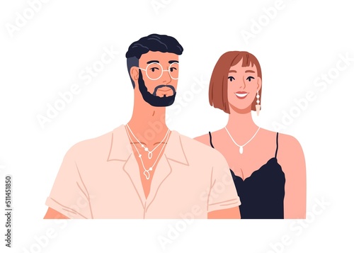 Happy modern man and woman, face portrait. Smiling couple wearing accessories...
