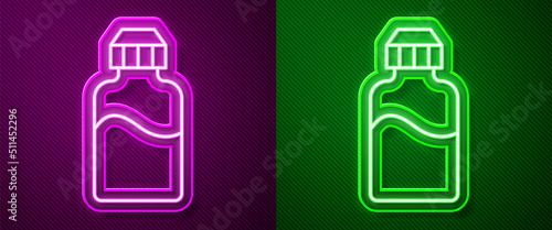 Glowing neon line Vape liquid bottle for electronic cigarettes icon isolated on purple and green background. Vector