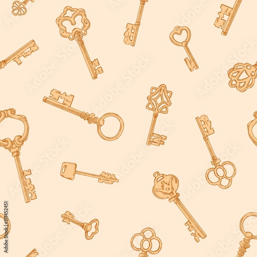 Vintage door keys pattern. Seamless handdrawn monochrome background with anti...