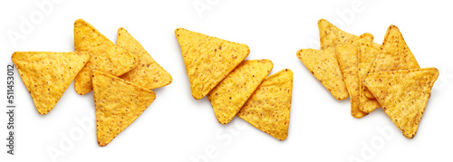 Collection of nachos chips, isolated on white background