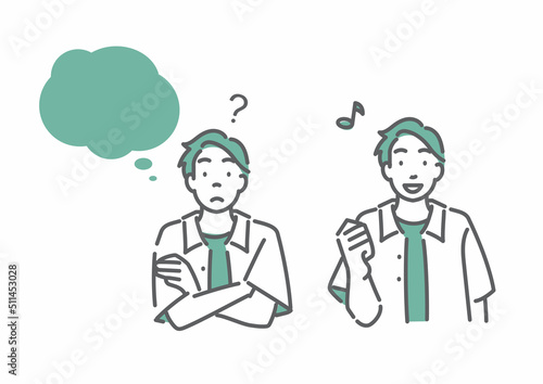 考える男性と問題解決済みの男性　セット　シンプルでお洒落な線画イラスト