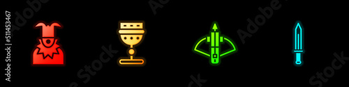 Set Joker head, Medieval goblet, Battle crossbow with arrow and sword icon. Vector