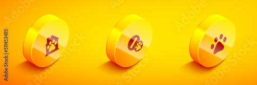 Set Isometric Pet house, Dog pill and Paw print icon. Vector