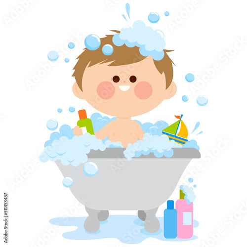 Little child in the bathroom taking a bubble bath in the bathtub. Vector illustration