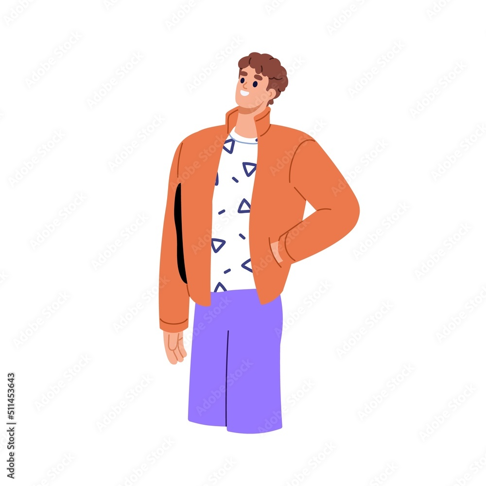 Happy smiling man standing, looking up, dreaming and contemplating. Inspired excited guy enjoying. Relaxed person thinking about smth with joy. Flat vector illustration isolated on white background Happy smiling man standing, looking up, dreaming and contemplating. Inspired excited guy enjoying. Relaxed person thinking about smth with joy. Flat vector illustration isolated on white background