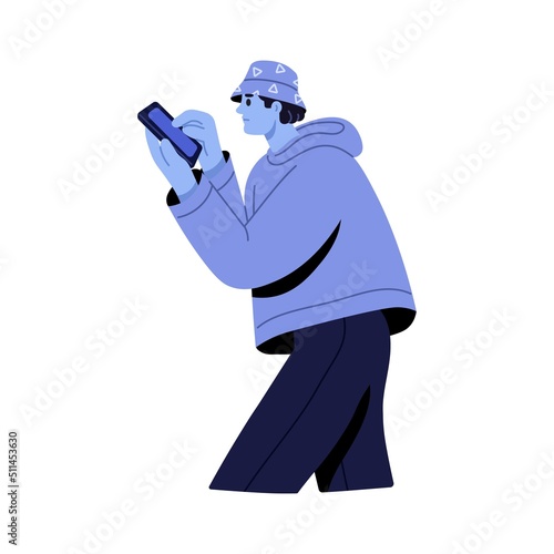Addicted phone user. Man with mobile smartphone addiction. Person using cellphone, scrolling internet, online news, social media with obsession. Flat vector illustration isolated on white background